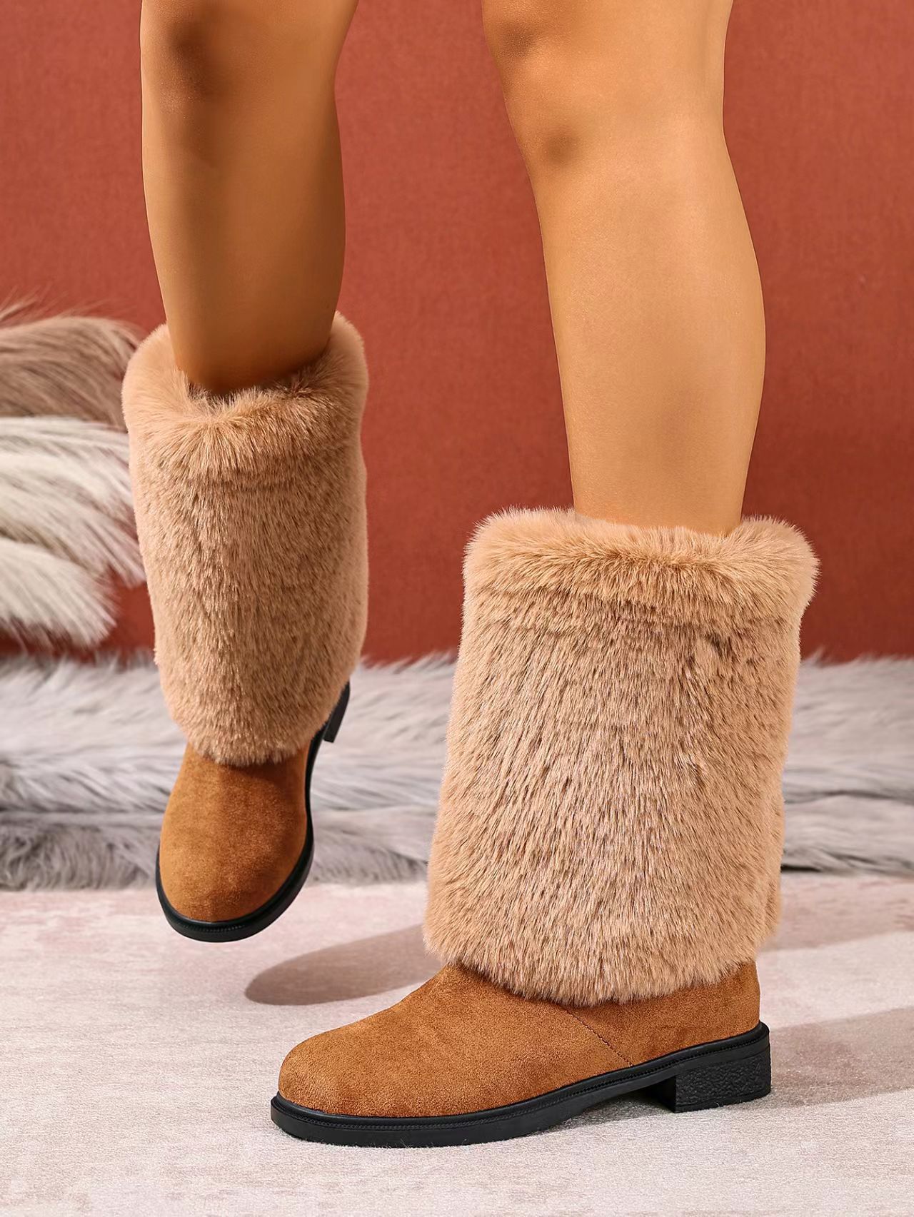 Botas de neve para mulher em camurça forradas com lã quente_voghion.com