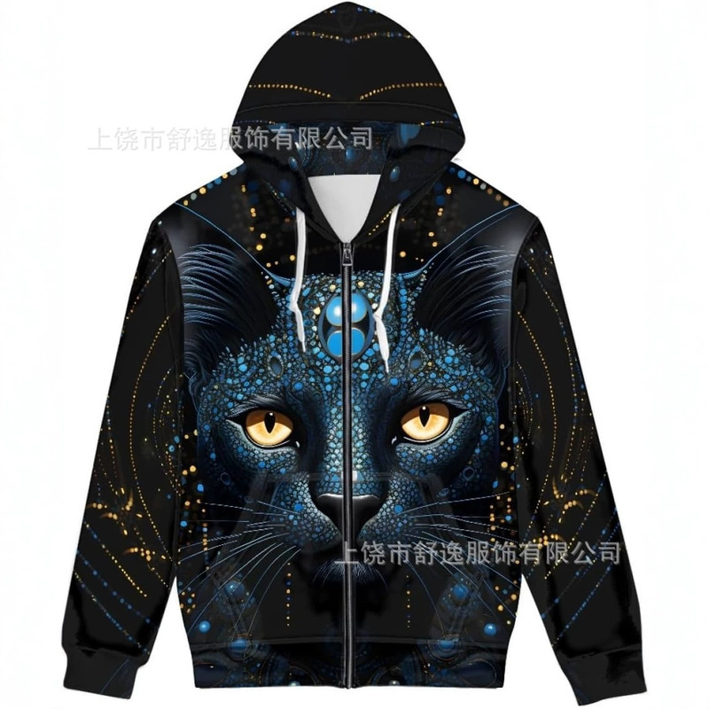 New cross-border men's hoodie with realistic 3D digital printing, full-zip hooded sweatshirt jacket, European and American casual hoodie
