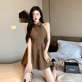 温柔系炸街奶乖穿搭夏季新款绑带收腰辣妹无袖polo领挖肩连衣裙女