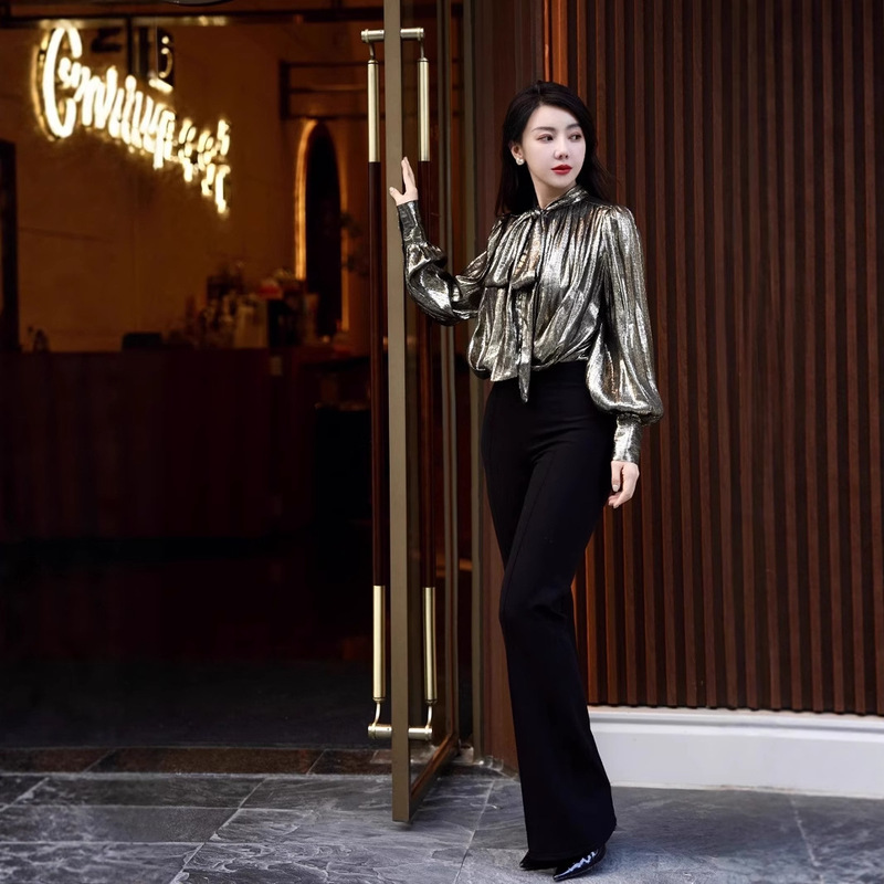 Metallic Glossy Bow Tie Loose Shirt for Women 2025 New Lantern Sleeve Design Modern Work Clothing