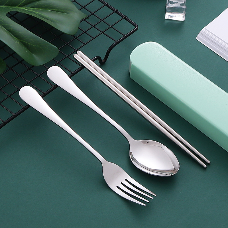 Stainless steel portable tableware set, chopsticks, spoon, fork, three-piece set, student outdoor gift, tableware logo