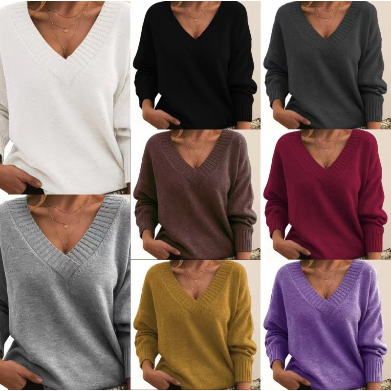 Amazon Cross-Border European and American Style Pullover Sweater for Women, Loose V-Neck Versatile Knitwear, Feminine and Sweet for Commuting