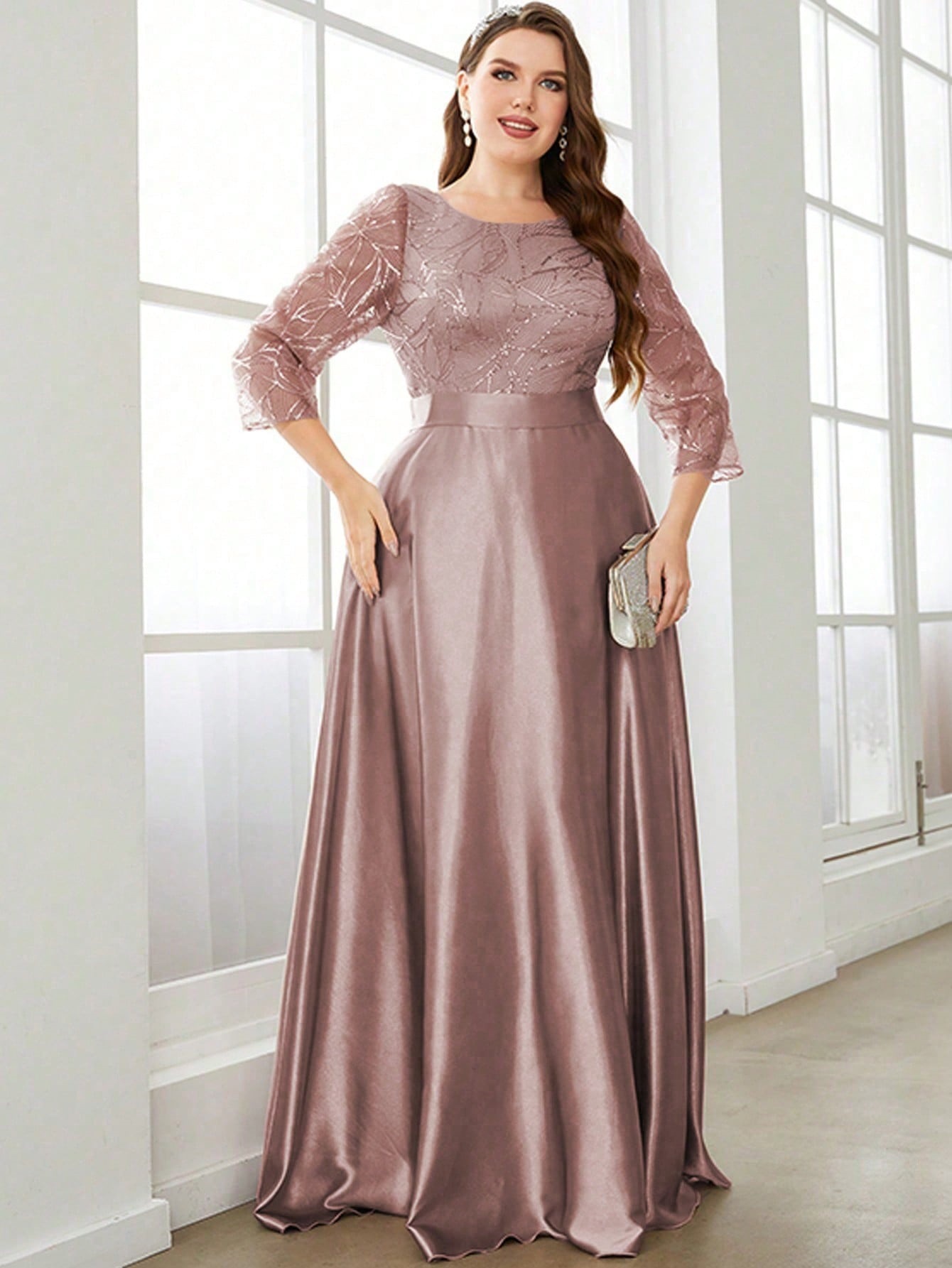 Vestido de cuello redondo de manga larga de diapositivas, vestido de satin, vestido de noche, vestido de baile, vestido de color sólido, mujer