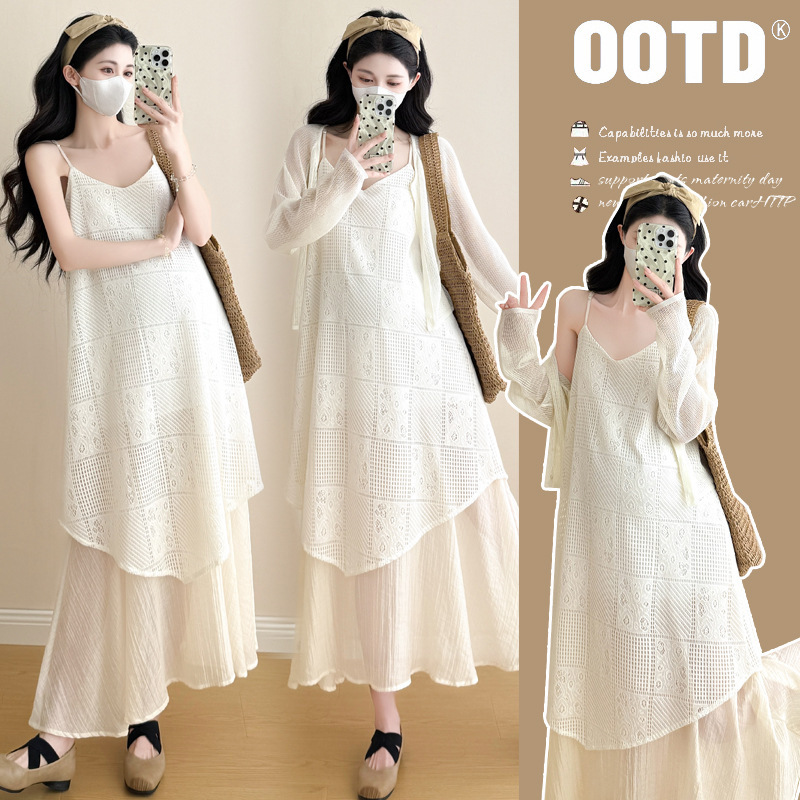 Real Shot of In-Stock 2025 Summer New Maternity Wear, Korean-Style Vacation Fashion, Elegant and Slimming Maternity Long Dress + Outerwear