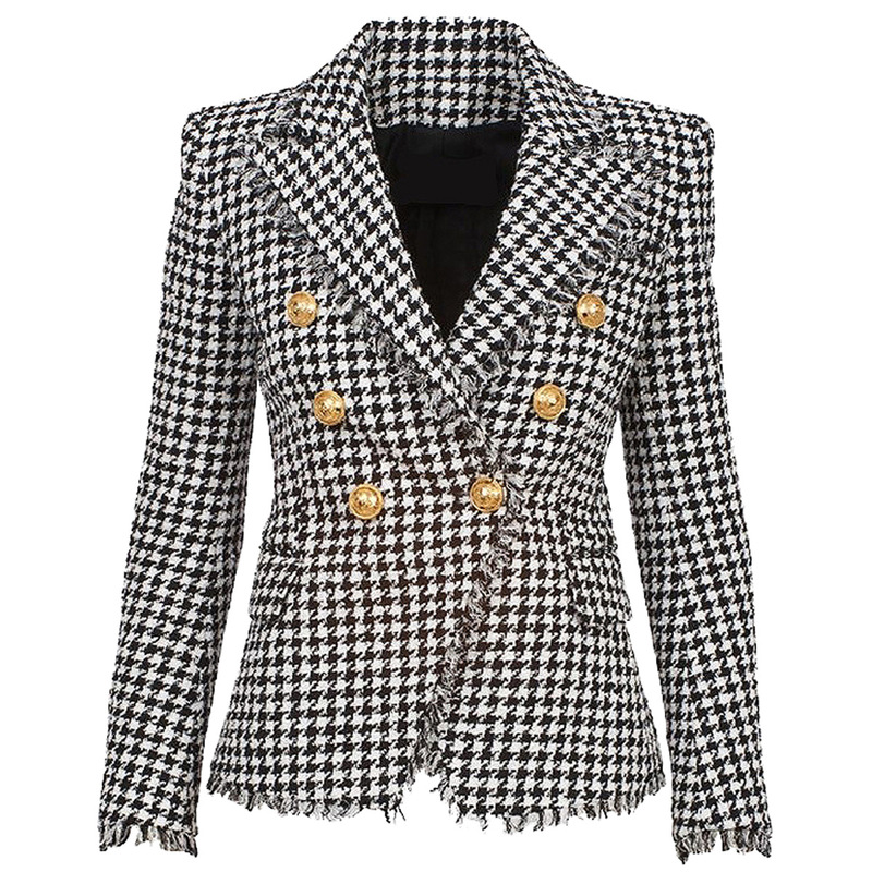22012 Spring and Autumn New Fashion Classic Houndstooth Tweed Fringed Women's Blazer Woolen Jacket