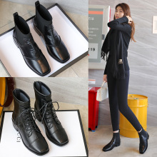 真皮马丁靴女2024新款平底粗跟软底系带短靴弹力瘦瘦靴小码女靴子