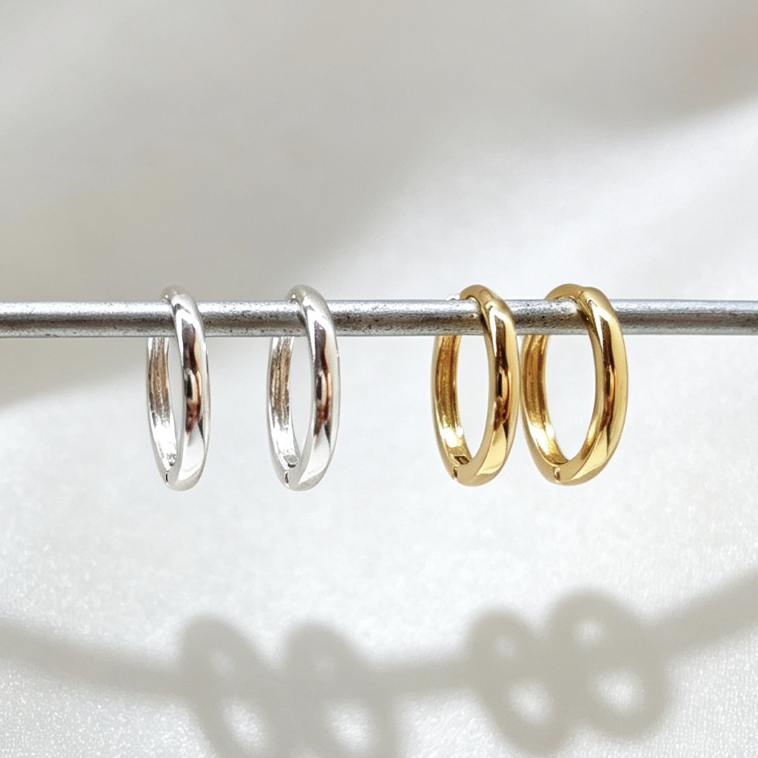 Basic, minimalist, smooth, small hoop earrings. These colorfast hoop earrings are versatile and perfect for a minimalist style. Wholesale available