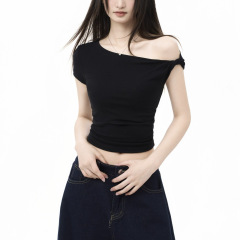 ショートオフショルダー半袖Tシャツレディース夏オフショルダースリム半袖ショルダートップ2025新スタイル