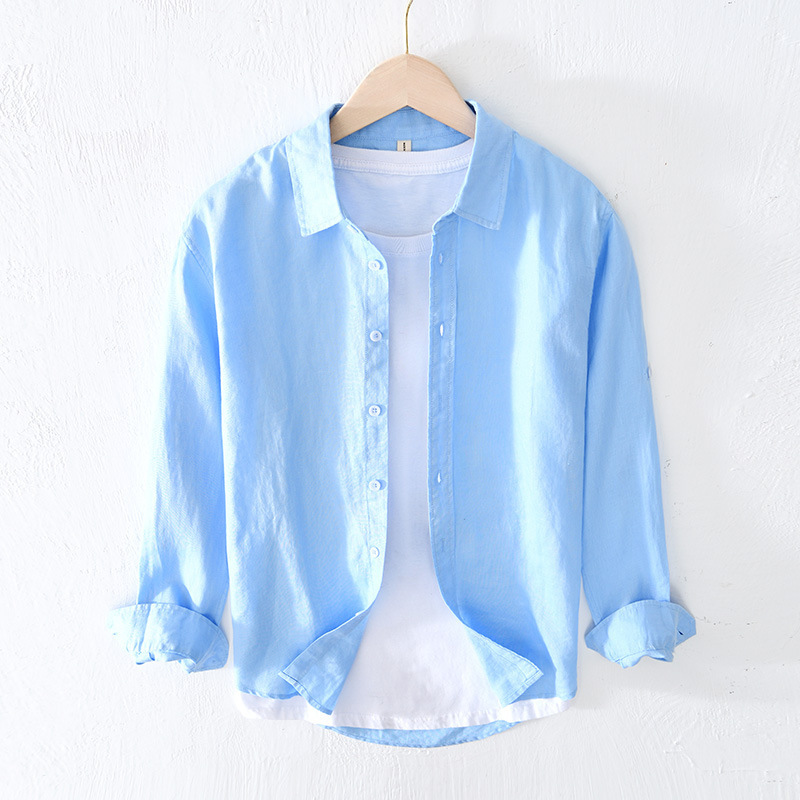 L610 summer men's casual solid color shirt pure linen comfortable breathable simple shirt men's hair generation