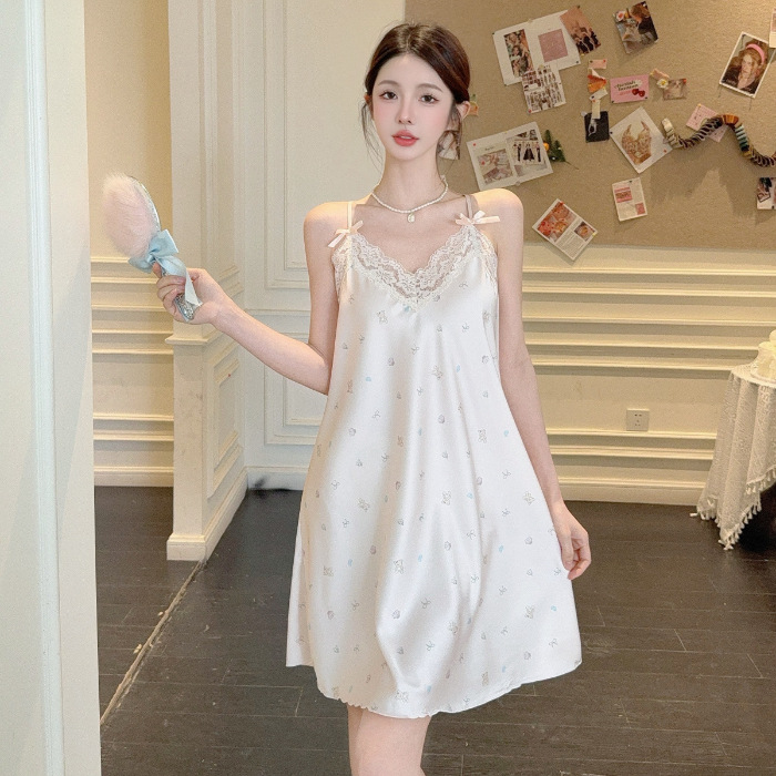 2025 verano hielo y nieve pijama de seda chica pura libido de viento esling arco de encaje impresión pijama ropa de hogar sexy