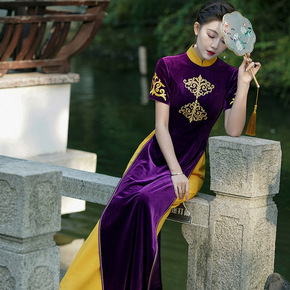 Women Chinese dress Oriental Retro Qipao Cheongsam model show miss etiquette dress Vietnamese Mr Black velvet cheongsam Chinese wind stage shows improved long costumes