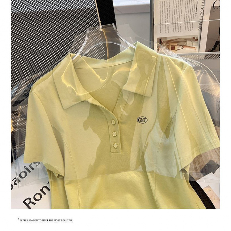 大きいサイズの婦人服の夏の百合の不規則な弧の形の裾の半袖のtシャツの女性の新型のpoloは襟をひっくり返してやせている上着を現します。|undefined