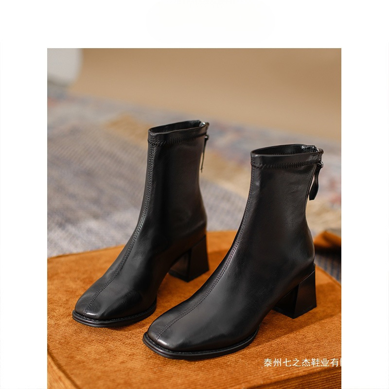 Soft Cowhide Thick Heel Square Toe Short Boots for Women, Ankle and Nude Boots, French Style Women's Brown High Heels, Slimming Look and Velvet