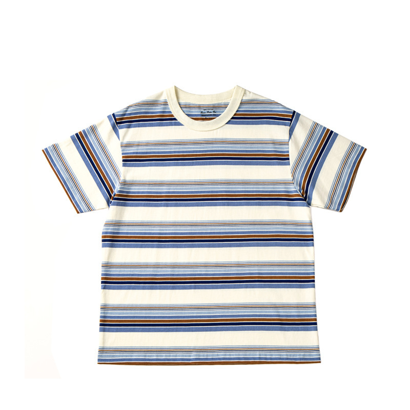 GDDQSDC Pure Cotton Knitted 50 s American Style Retro Color Striped Short Sleeve T-shirt for Men and Women Summer Top