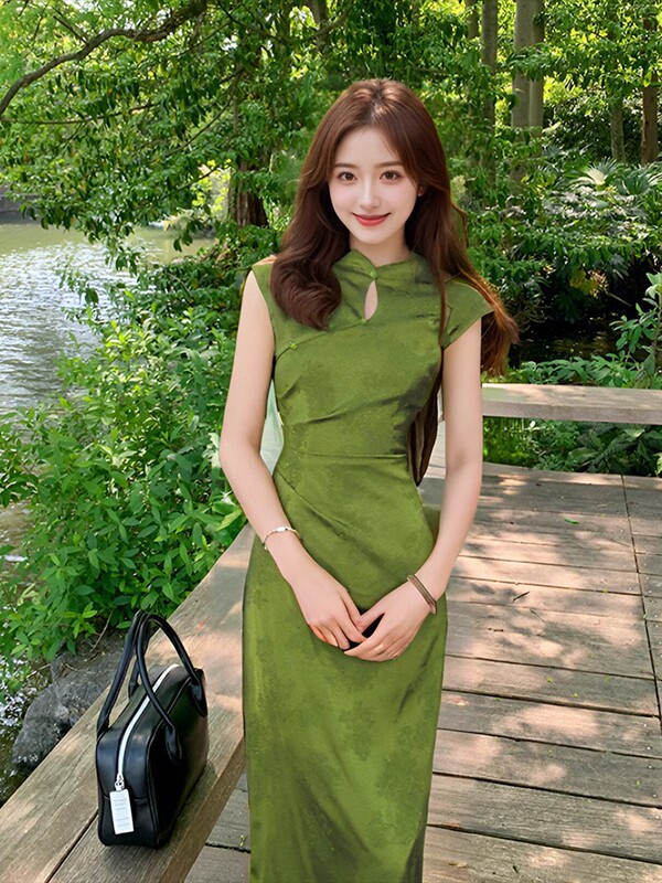 新中式国风长裙女2025夏季收腰显瘦复古风提花立领开叉旗袍连衣裙|undefined
