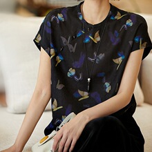 非遗香云纱桑蚕丝 提花蝶影重磅真丝花萝国风新中式T恤短款上衣女