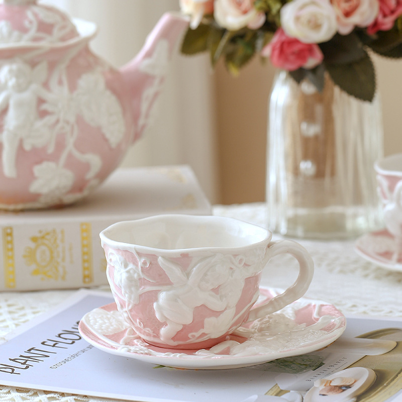 British Style Tea Cup Vintage Embossed Coffee Cup Saucer Kettle Set Household Decoration European Style Palace Style Afternoon Tea Tableware British Style Tea Cup Vintage Embossed Coffee Cup Saucer Kettle Set Household Decoration European Style Palace Style Afternoon Tea Tableware