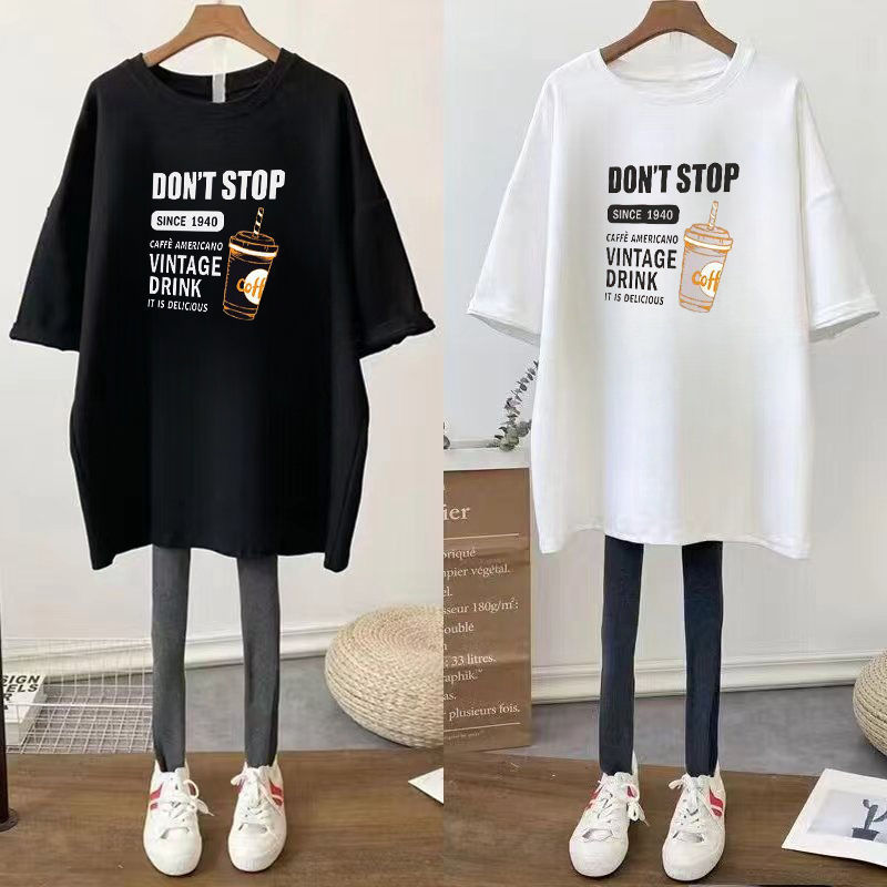 Summer New plus size Chubby mm300 Jin Belly Covering Slimming Pregnant Women's Short Sleeve T-shirt Loose Korean Style Mid-length Top Women