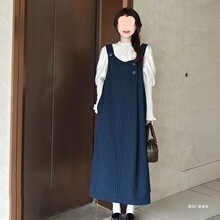 秋冬一整套/韩系甜美藏青色毛呢背心连衣裙子女学生+蕾丝花边衬衫