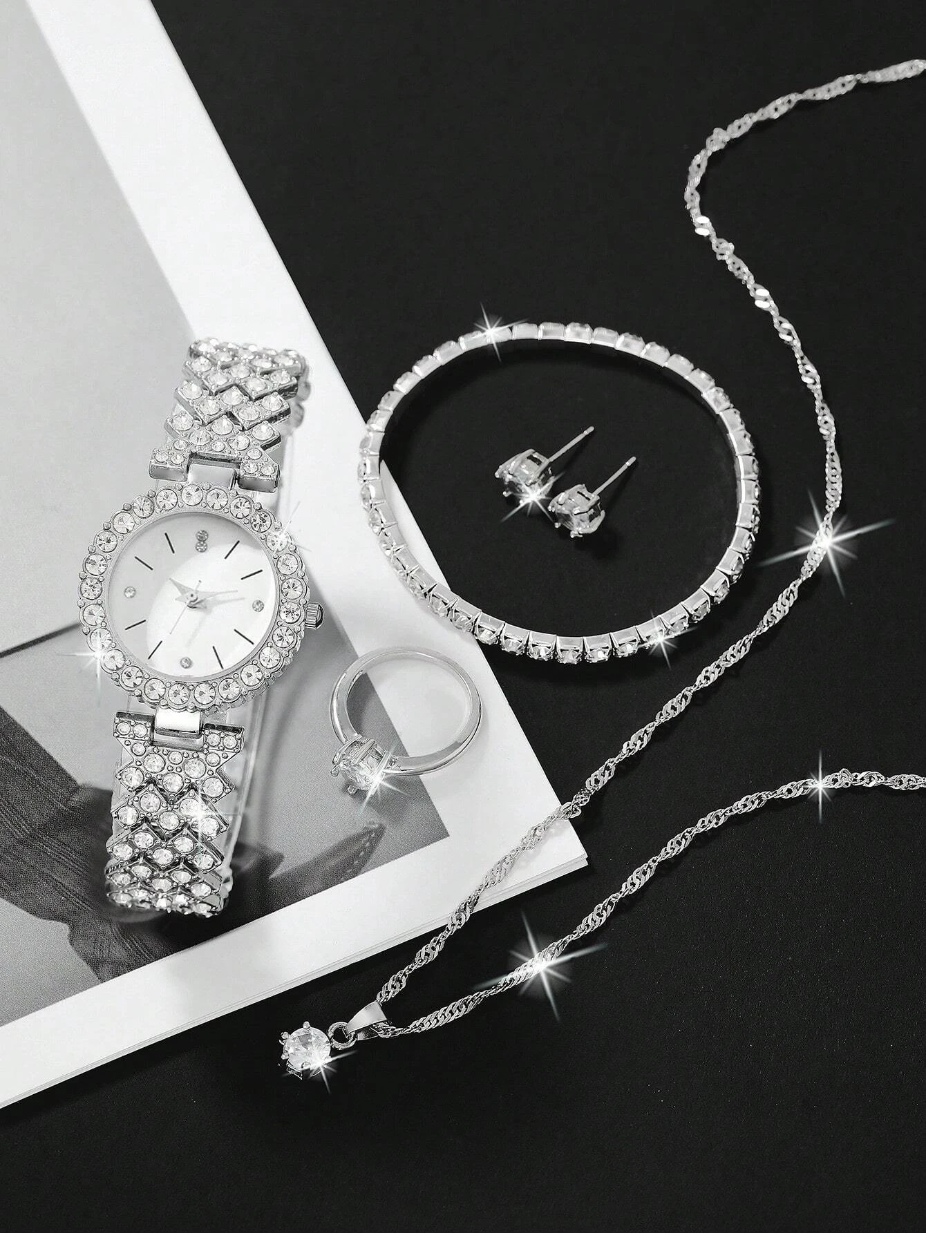 Watch set niche fashion all match steel watch earrings necklace bracelet ring watch set_voghion.com