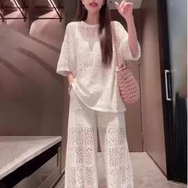 WZXSK法式慵懒休闲时尚套装女2026夏宽松显瘦镂空短袖T恤阔腿裤两