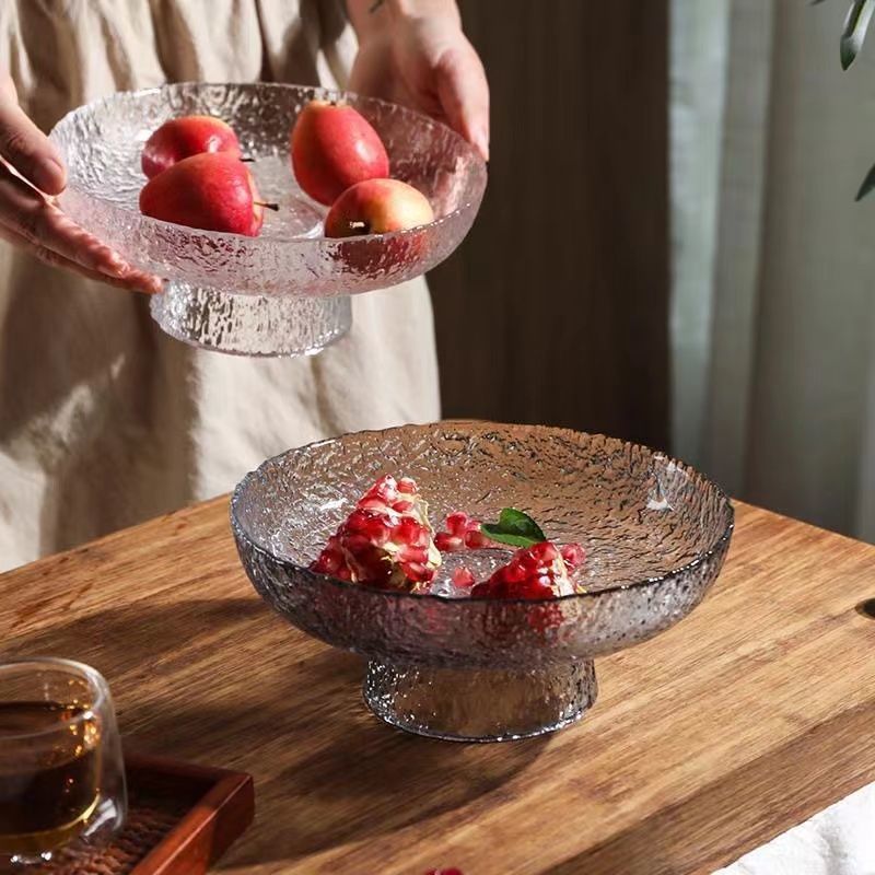 Platos de vidrio de pies altos, platos de frutas caseras de alta calidad, platos de frutas secas, platos de bocadillos, platos de comedor, adornos decorativos de alto valor