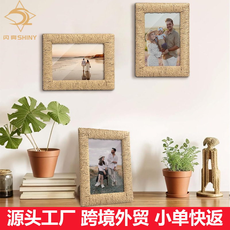 Amazon Cross-Border Creative Handmade Hemp Rope Woven Wooden Photo Frame Rattan Ornaments Bohemian Style Foreign Trade Picture Frame