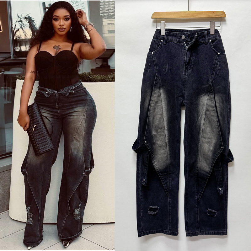 European and American Style Wide-Leg Jeans Amazon Cross-Border Women's Fashion Washed Tie-Dye Distressed Straight-Leg Work Pants