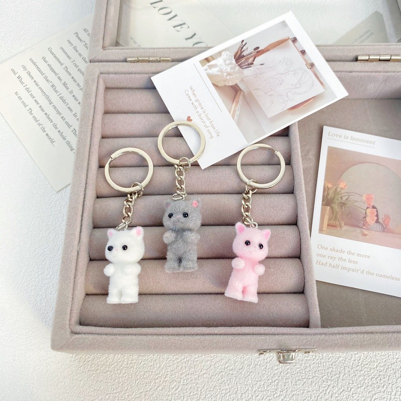 Sweet Cute Flocking Kitten Keychain Ins Student Small Animal Bag Bag Pendant 3D Plush Cat Accessories