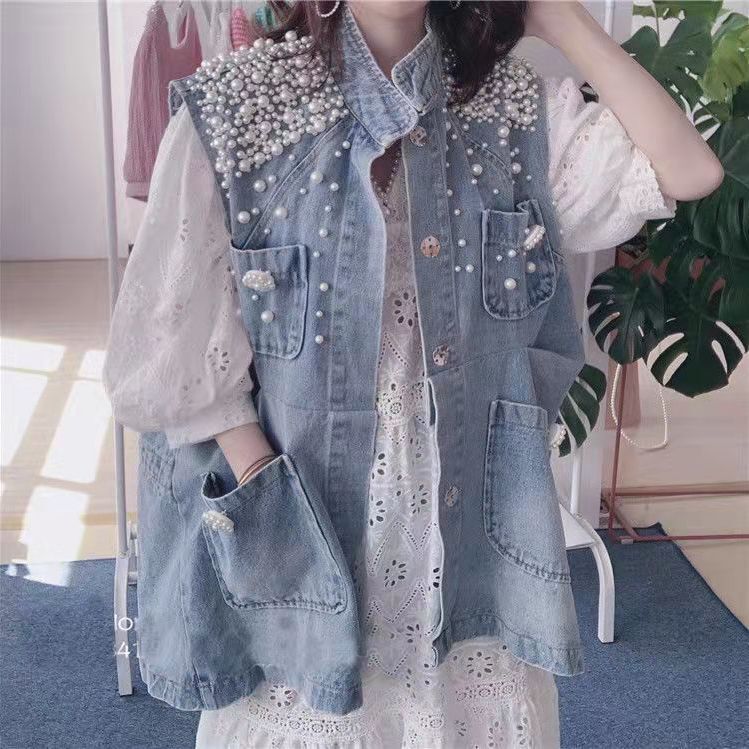 Denim Vest Women's Spring and Summer 2024 New Arrival Heavy-duty Shoulder Pearl Coat Blanket Loose BF Jacket Trendy Cardigan