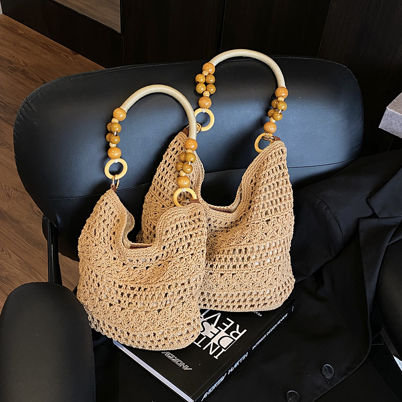 Handmade Rattan Shoulder Bag With Leather Trim Eco-friendly Basket_voghion.com