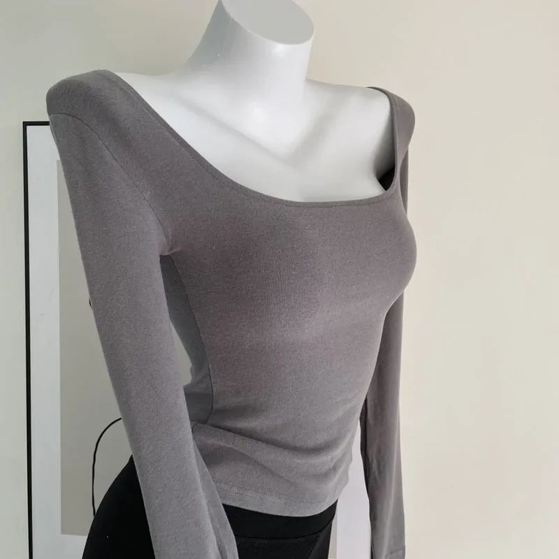 Unique Brushed Cotton Square-Neck T-Shirt for Women, New Autumn and Winter Style, Slim Fit, Warm Base Layer, Long-Sleeve Top