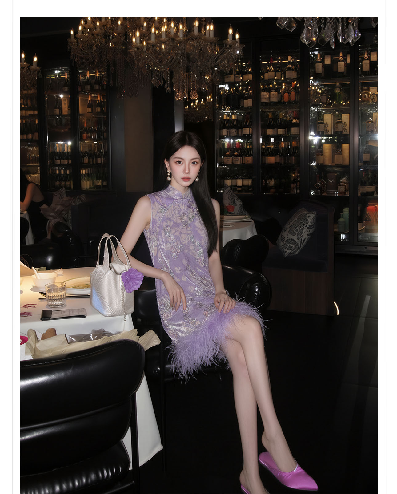 Đầm maxi nữ thắt eo phong cách cổ điển sang trọng kết hợp lông đà điểu và đính sequin thêu — màu tím chi tiết 5
