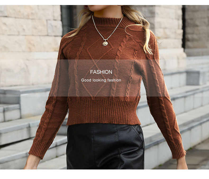 Einfarbiger, kurzer Strick-Twist-Pullover mit Rundhalsausschnitt_voghion.com