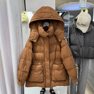 Tight waist slimming down jacket women's winter 2024 new mid-length small hooded white duck down thick coat trendy