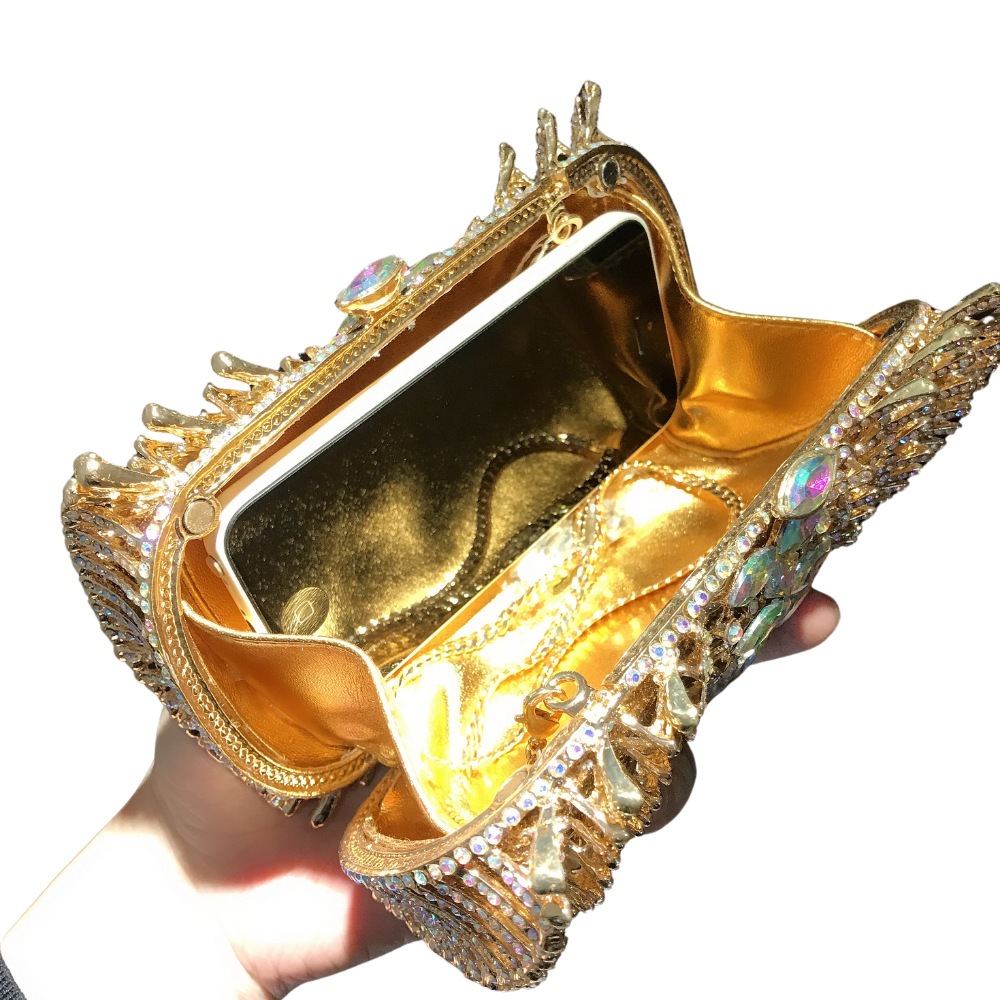 Túi clutch nữ hộp cứng kim loại rỗng đính kim cương dự tiệc — Màu vàng, Màu xanh lam chi tiết 3