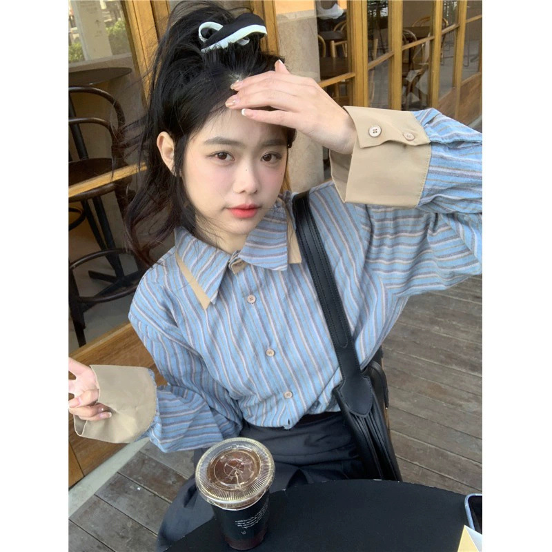 블루 스트라이프 긴팔 셔츠 여성 학생 가을과 겨울 디자인 센스 작은 프랑스 세련된 하이 엔드 센스 탑 옷