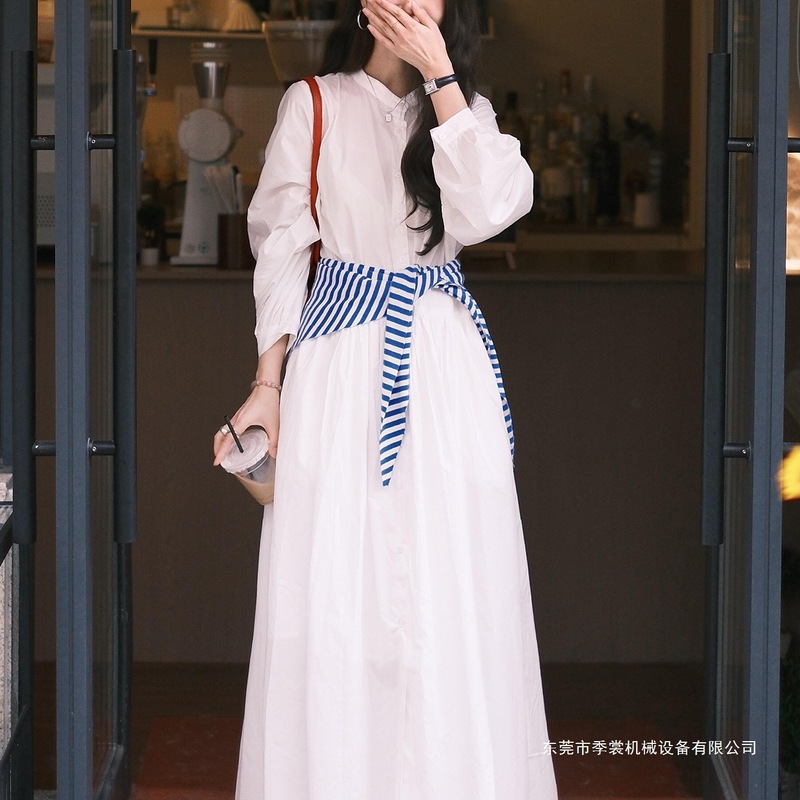 法式白色长袖衬衫连衣裙子女2025新款早秋气质感宽松显瘦长裙扎染|undefined