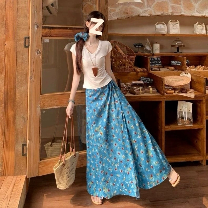 Синяя цветочная юбка с кружевной шнуровкой для женщин, лето 2025, новая высокая талия, стройная ретро-юбка А-силуэта, длинная, в стиле ins
