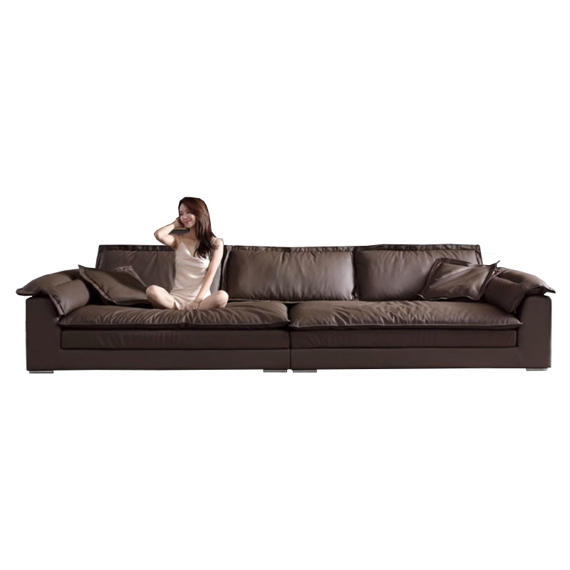 Sofá de cuero italiano minimalista súper ancho grande sentado profundo sofá de tres asientos sala de estar sofá de vela perezoso sofá de fila recta