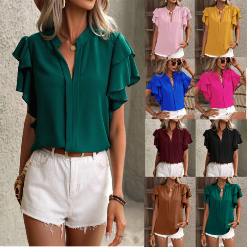 2025 Europe and America Amazon cross-border women's clothing summer new style V-neck casual double-layer ruffled sleeve solid color shirt top 