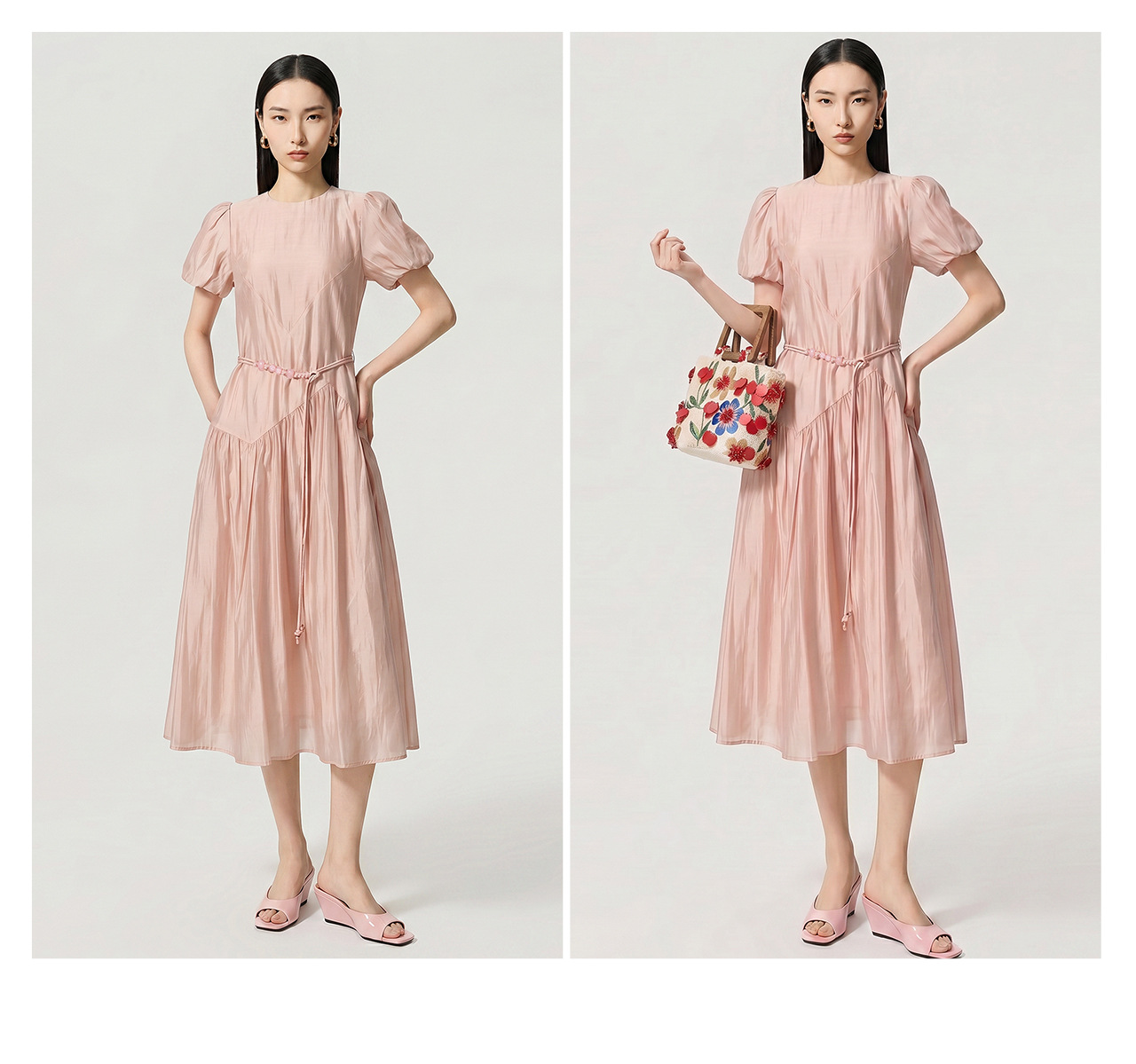Đầm maxi nữ tay bồng thắt eo phong cách lãng mạn — màu hồng chi tiết 20