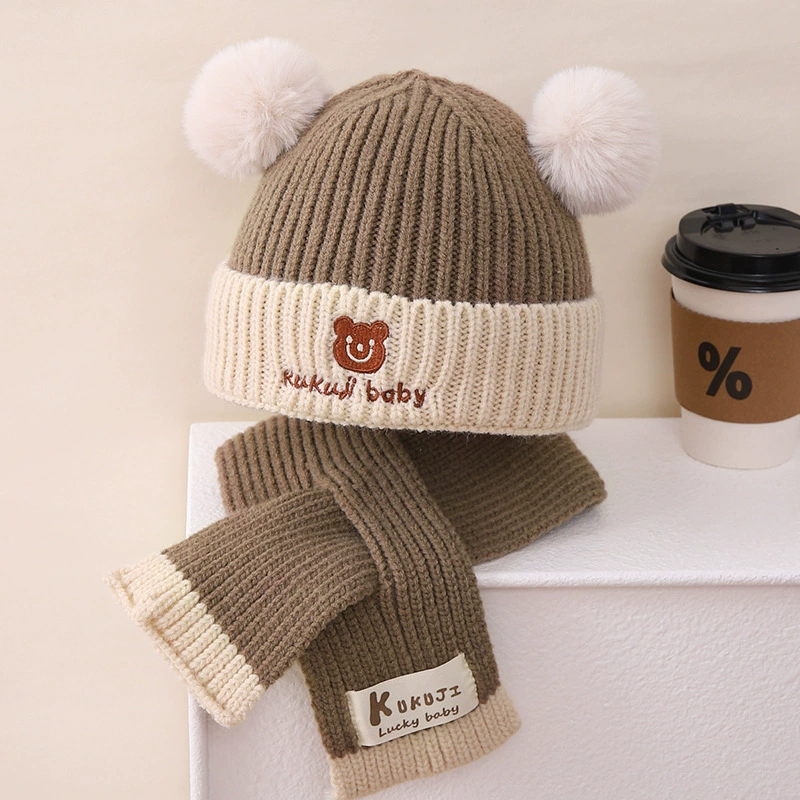 Children's Knit Hat & Scarf Set - Thick Demi-Season Warmth, Bear Patch, Cozy Knit, Color Options