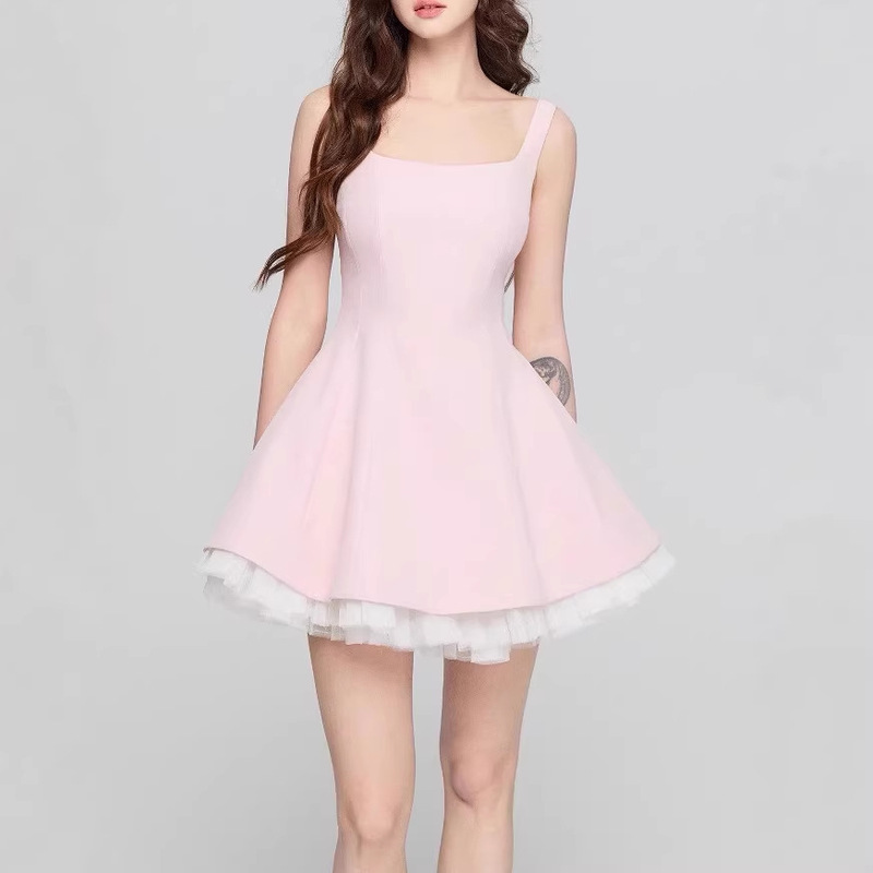 Avenement/Square Neck Patchwork Mesh Sleeveless Dress with Puffy Skirt, Short Sleeve, Elegant Color-Blocking Design for Women Avenement/Square Neck Patchwork Mesh Sleeveless Dress with Puffy Skirt, Short Sleeve, Elegant Color-Blocking Design for Women