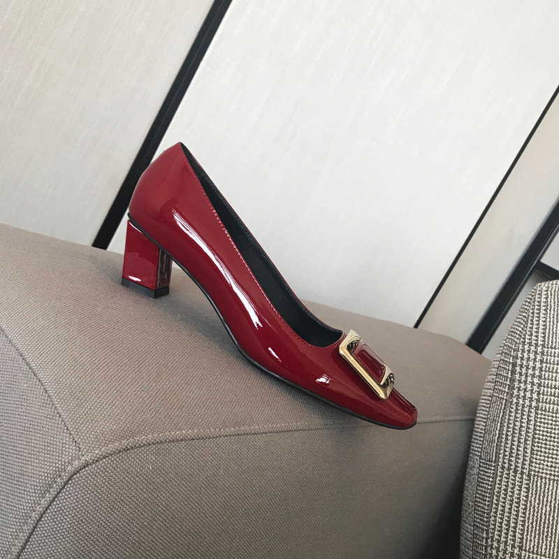 レターメタルスクエアバックル浅口婦人靴ミッドヒールスクエアトゥシューズクラシック馬蹄ヒールパテントレザー女性用プロフェッショナルワークシューズ|undefined