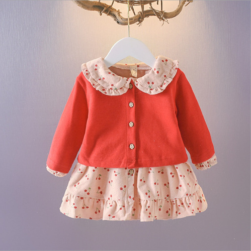 Children's clothing set for girls, autumn set for little girls, stylish top two-piece set with floral small jackets + cotton cardigan, Korean style