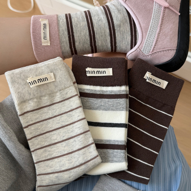 Contrast Color Stripesd Socks Women's Mid-Calf Socks Summer Thin Cotton Socks Letter Cloth Label Korean Ins Trendy Sports Stockings