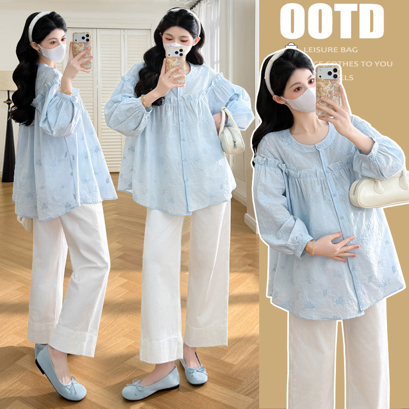 2026 Quality Spring Maternity Wear New Embroidered Long-Sleeve Shirt Spliced Doll Shirt Fashion Trendy Mom
