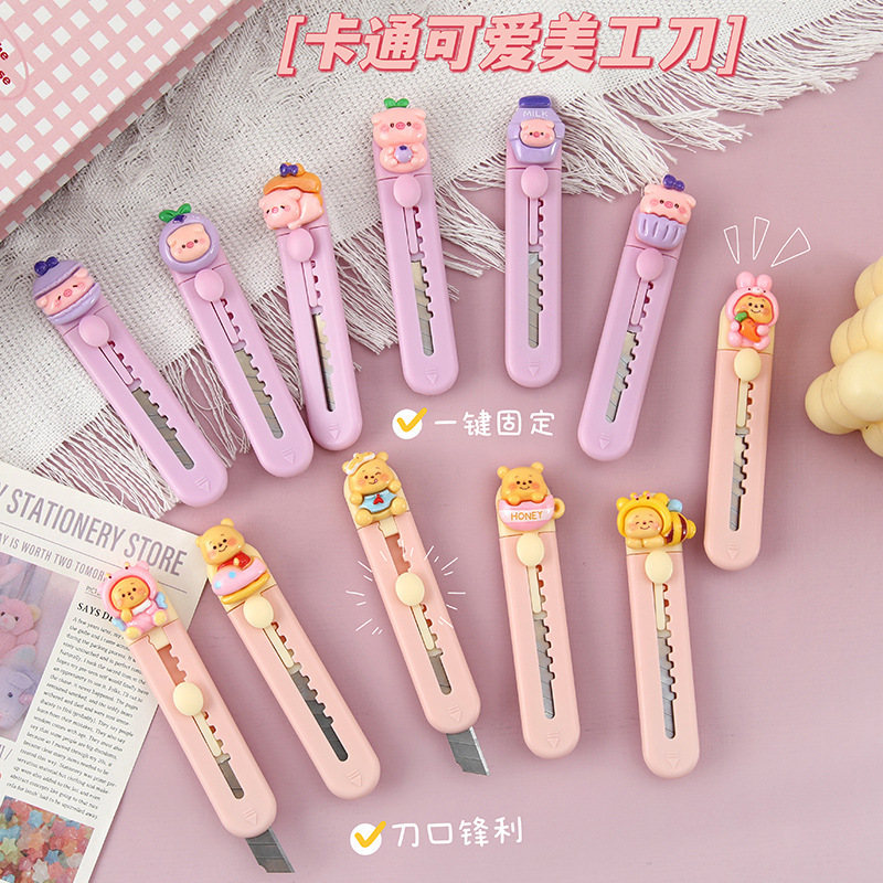 Cute Cartoon Pig and Bear Utility Knife, Portable Mini Package Opener, Girly Aesthetic, High Aesthetic Value, Journal Paper Cutter