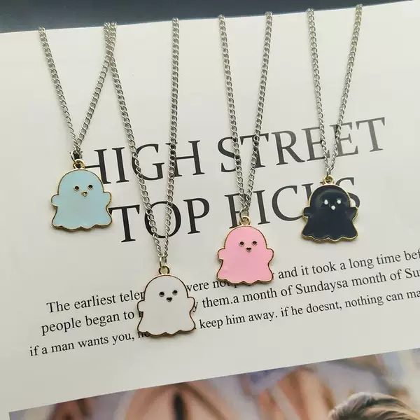 Cartoon color oil dripping ghost necklace black and white ghost pendant personality simple sweet cool niche Halloween jewelry
